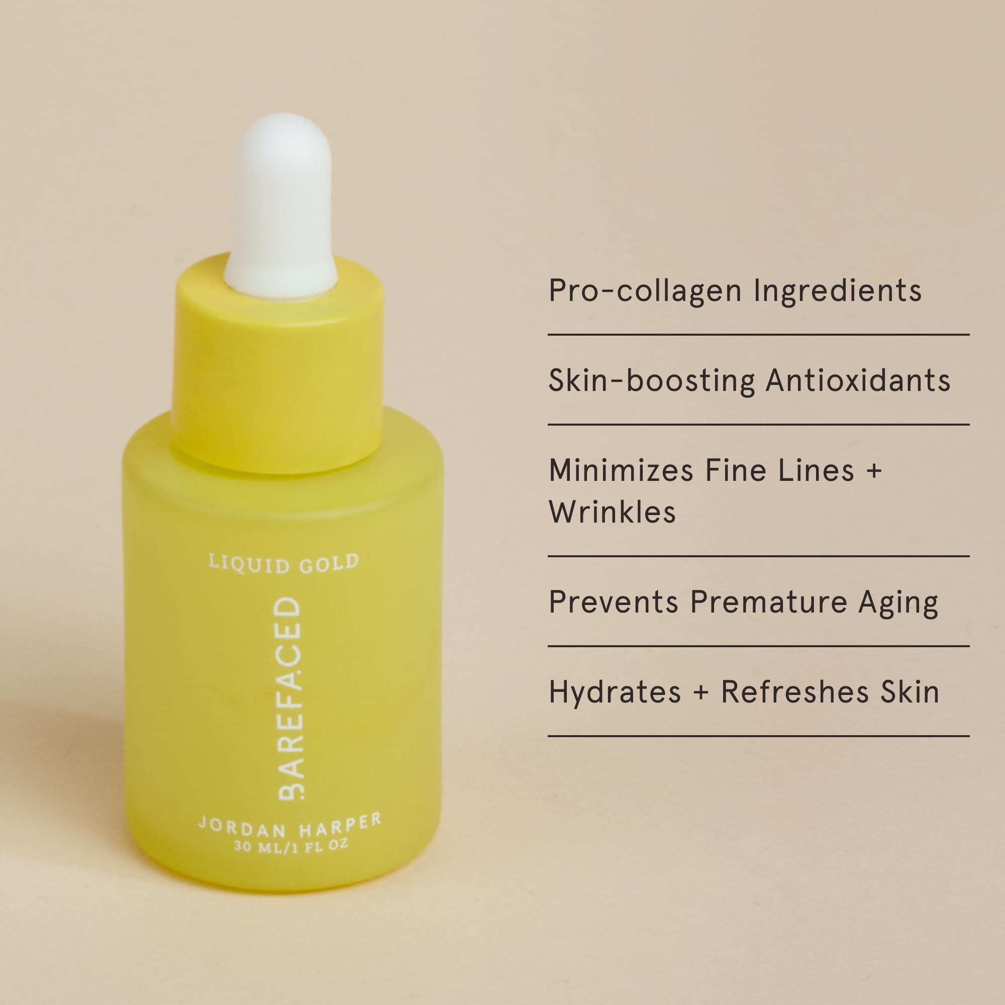 Barefaced Liquid Gold serum droplets show hydration-rich application.