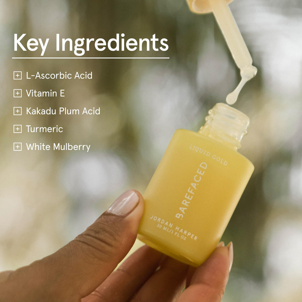 Barefaced Liquid Gold serum with hyaluronic acid for lasting moisture.