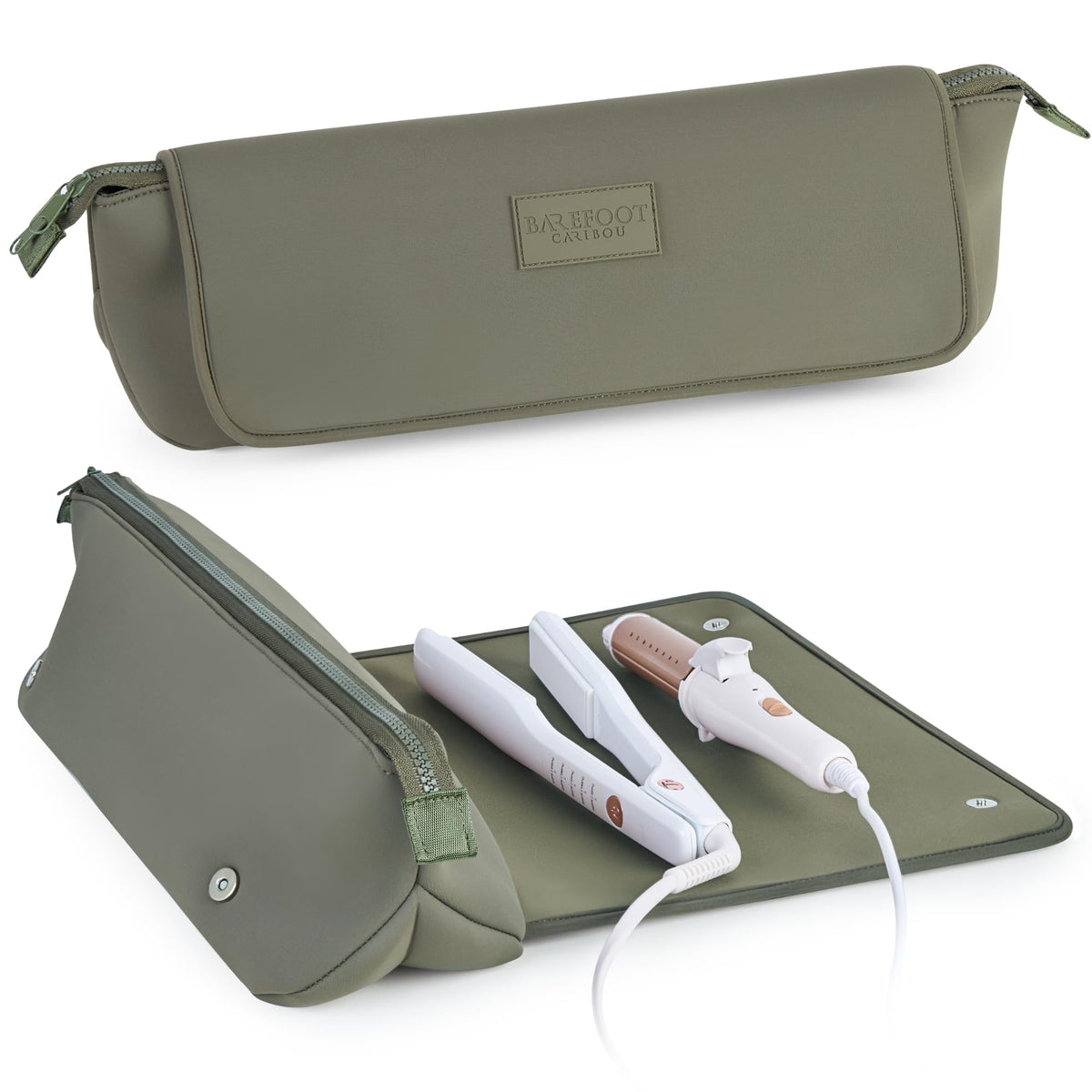 Barefoot Caribou Hair Tools Travel Bag Olive front view shows organized tool storage on the go