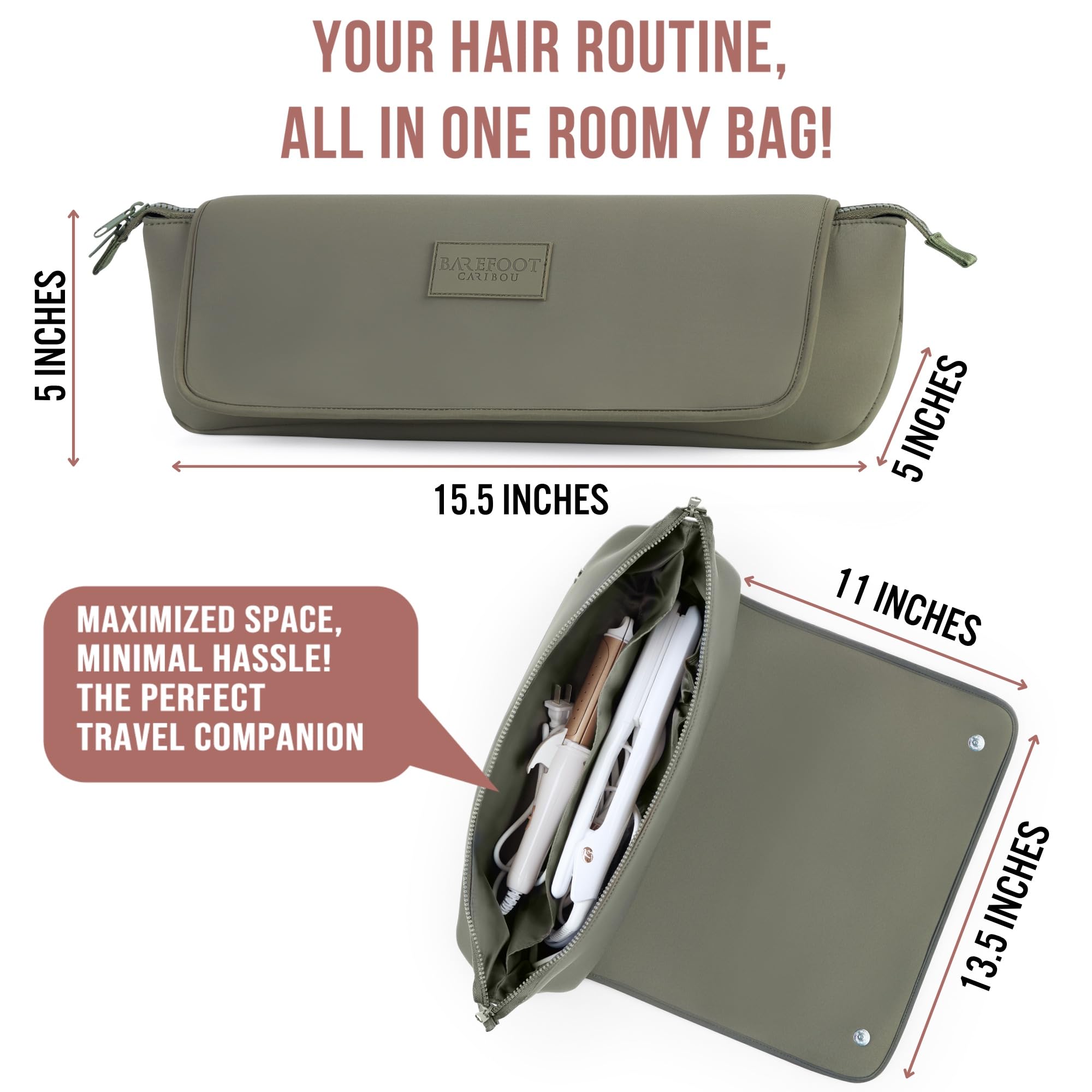 Barefoot Caribou Hair Tools Travel Bag Olive open inside reveals interior pockets for accessories and keep cords tidy