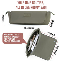 Barefoot Caribou Hair Tools Travel Bag Olive open inside reveals interior pockets for accessories and keep cords tidy