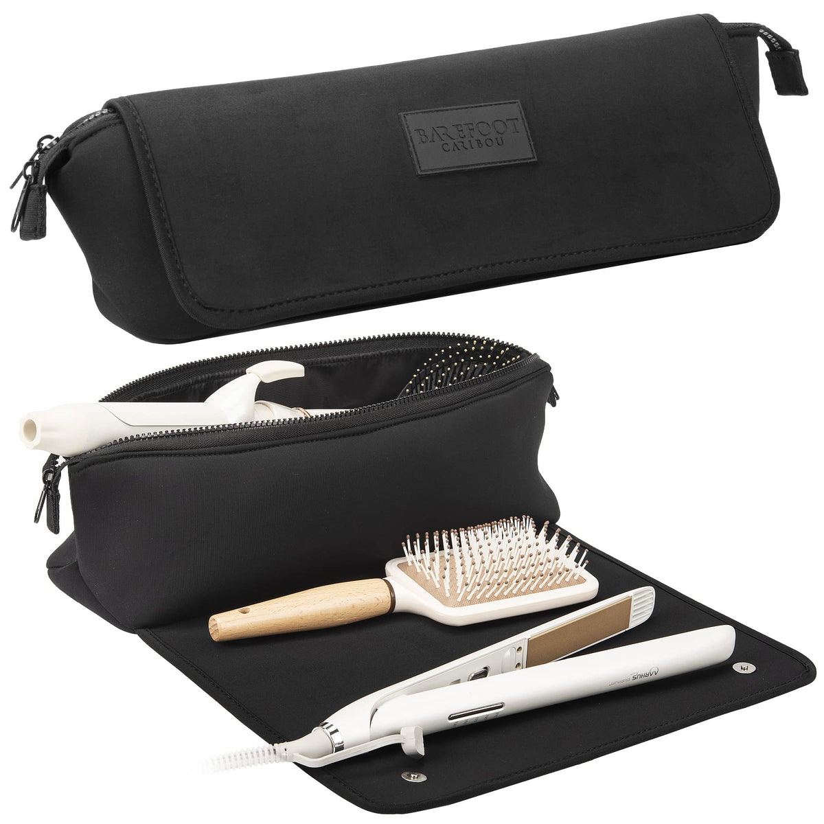 Barefoot Caribou travel bag compact design stores flat irons and accessories on the go.