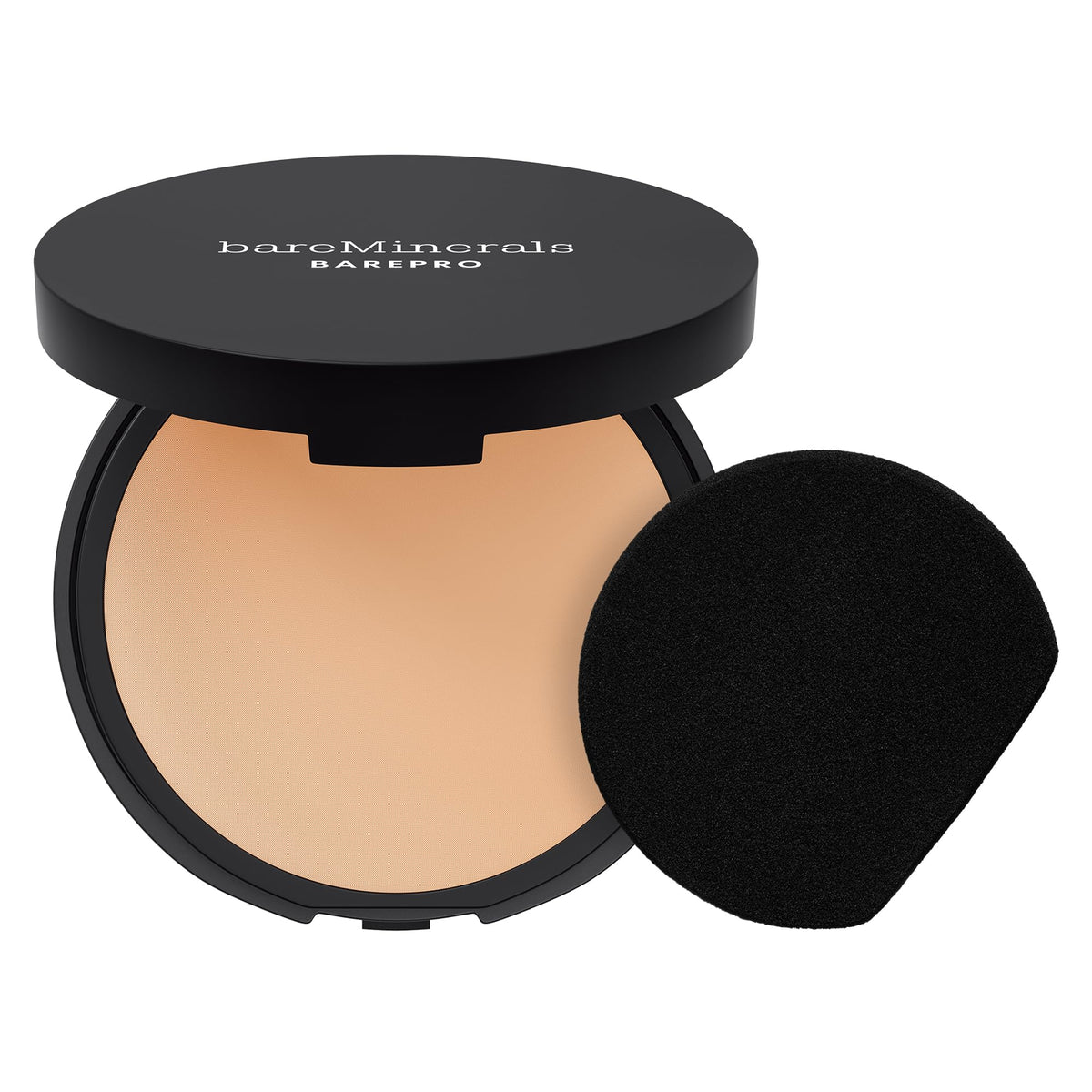 bareMinerals BarePro 24HR powder compact open reveals matte finish and oil-control capability