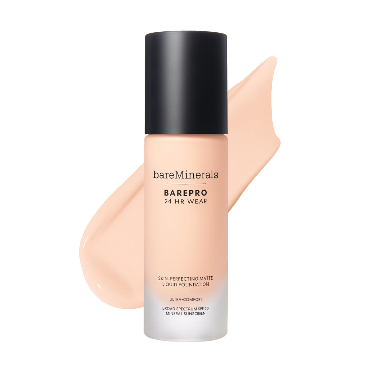 bareMinerals Barepro bottle closeup shows sleek packaging and long-lasting matte coverage