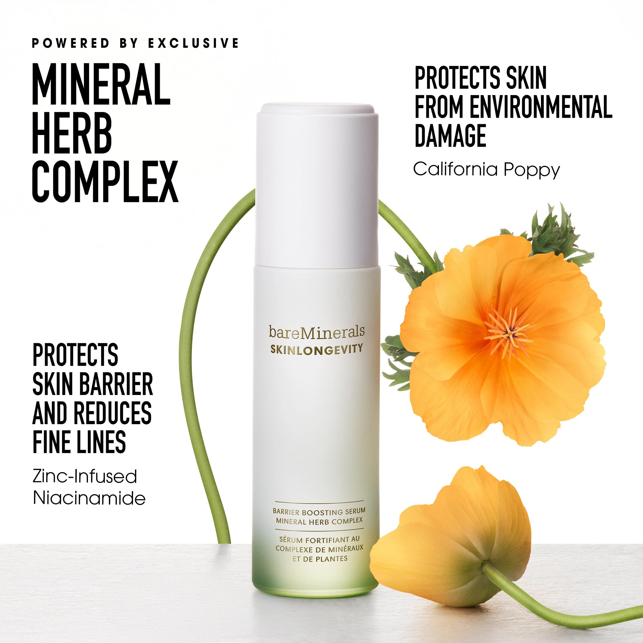 bareMinerals Skinlongevity California Poppy plant image signals antioxidant protection benefits.