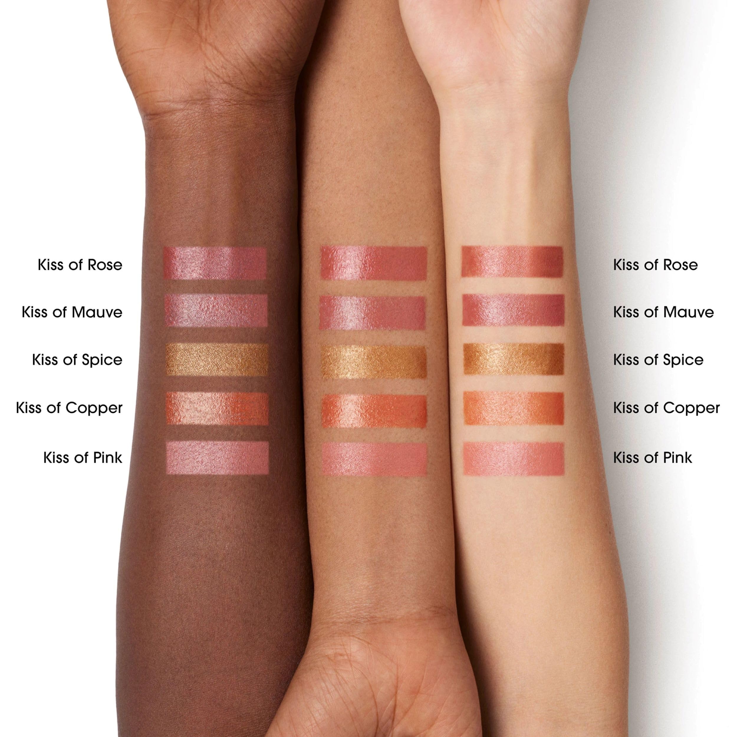 bareMinerals Kiss of Pink swatch close-up reveals rosy-bronze shade flattering undertones.