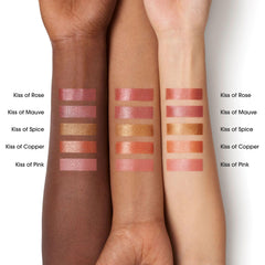 bareMinerals Kiss of Pink swatch close-up reveals rosy-bronze shade flattering undertones.