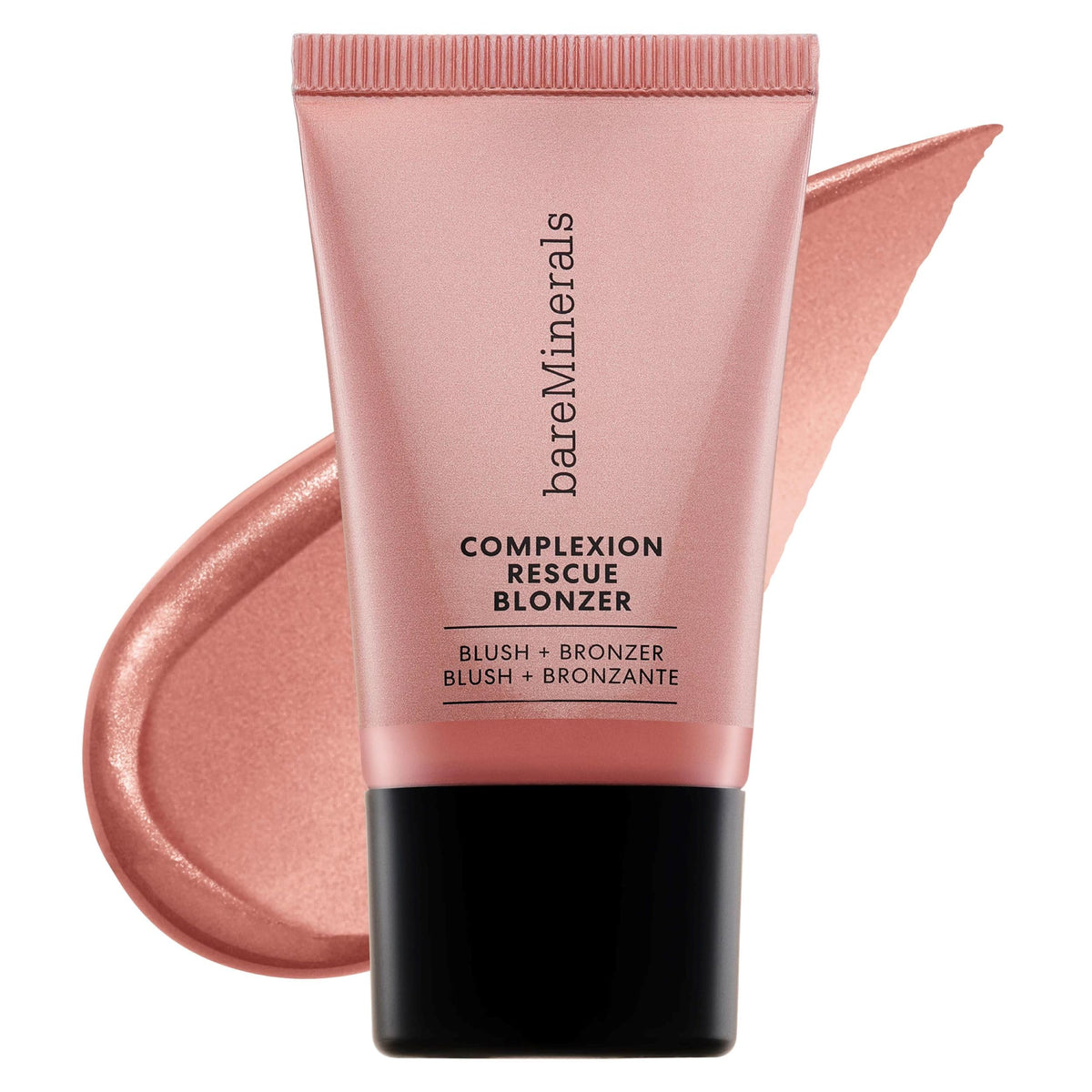 bareMinerals Complexion Rescue Liquid Blonzer swatch on cheek delivers rosy-bronze glow.