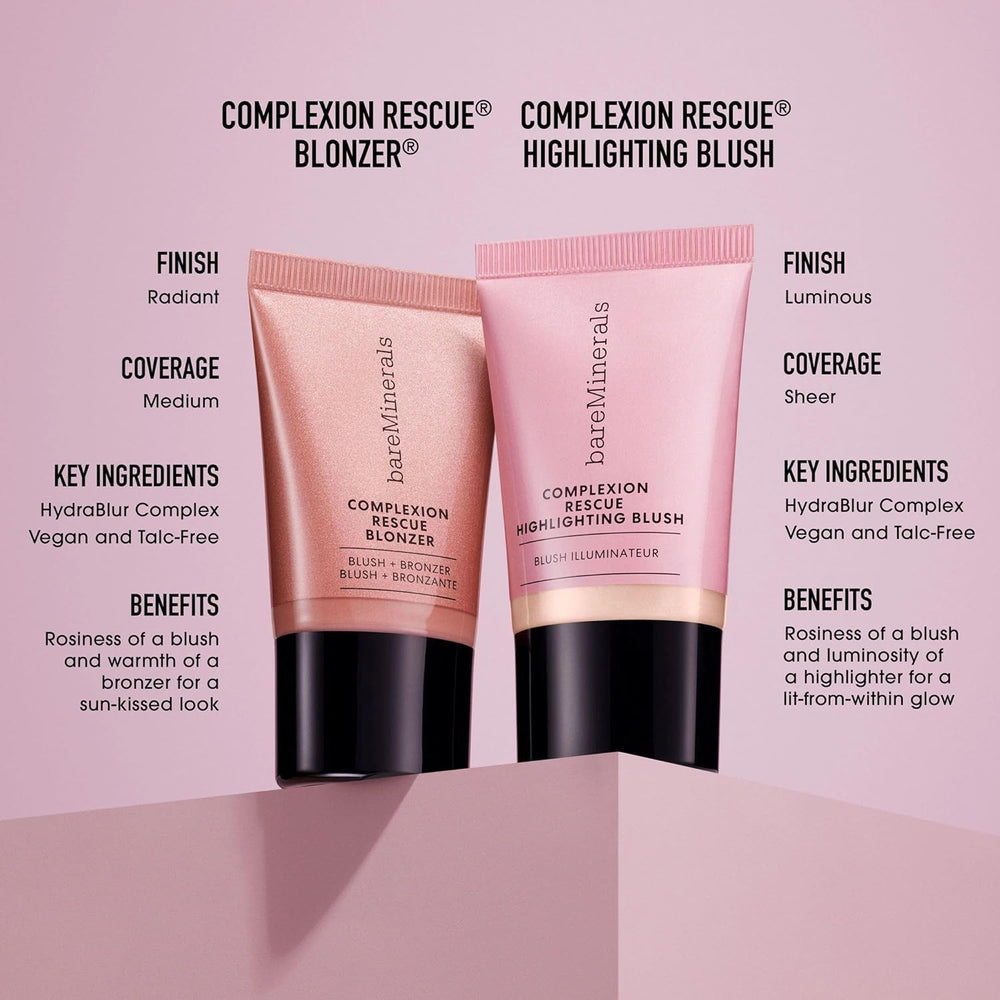 bareMinerals Complexion Rescue Liquid Blonzer Kiss of Rose natural look under soft lighting enhances glow.