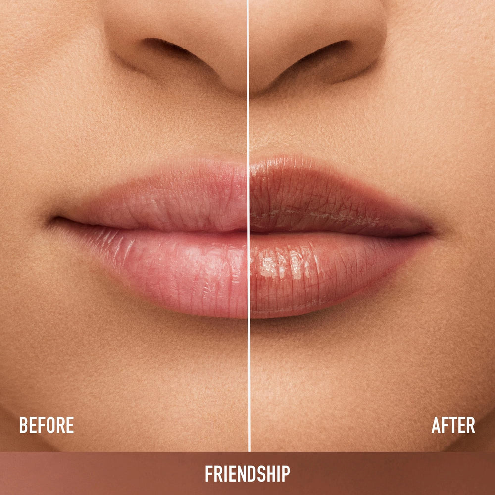 bareMinerals Dewy Lip Gloss-Balm Friendship swatch reveals sheer color with shine