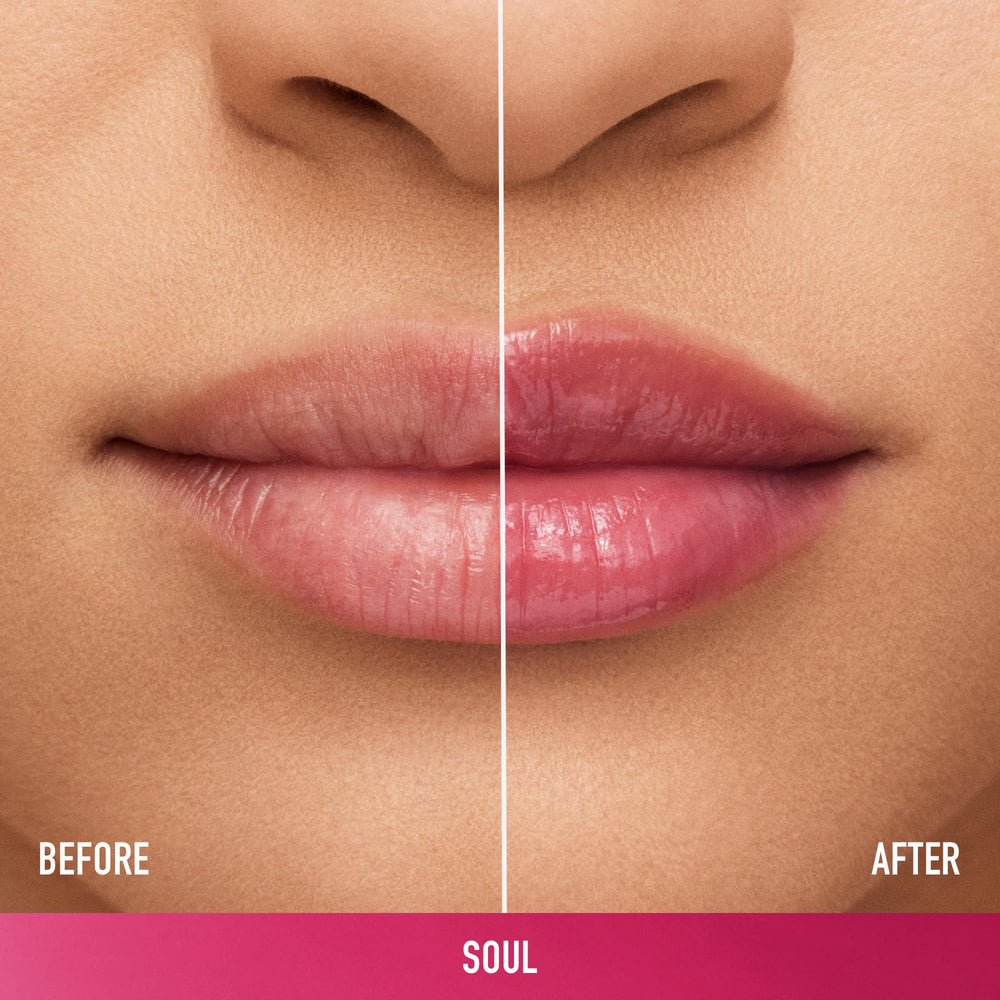 bareMinerals Dewy Lip Gloss-Balm Soul swatch on lip for sheer color and juicy glow.