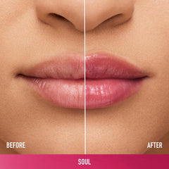 bareMinerals Dewy Lip Gloss-Balm Soul swatch on lip for sheer color and juicy glow.
