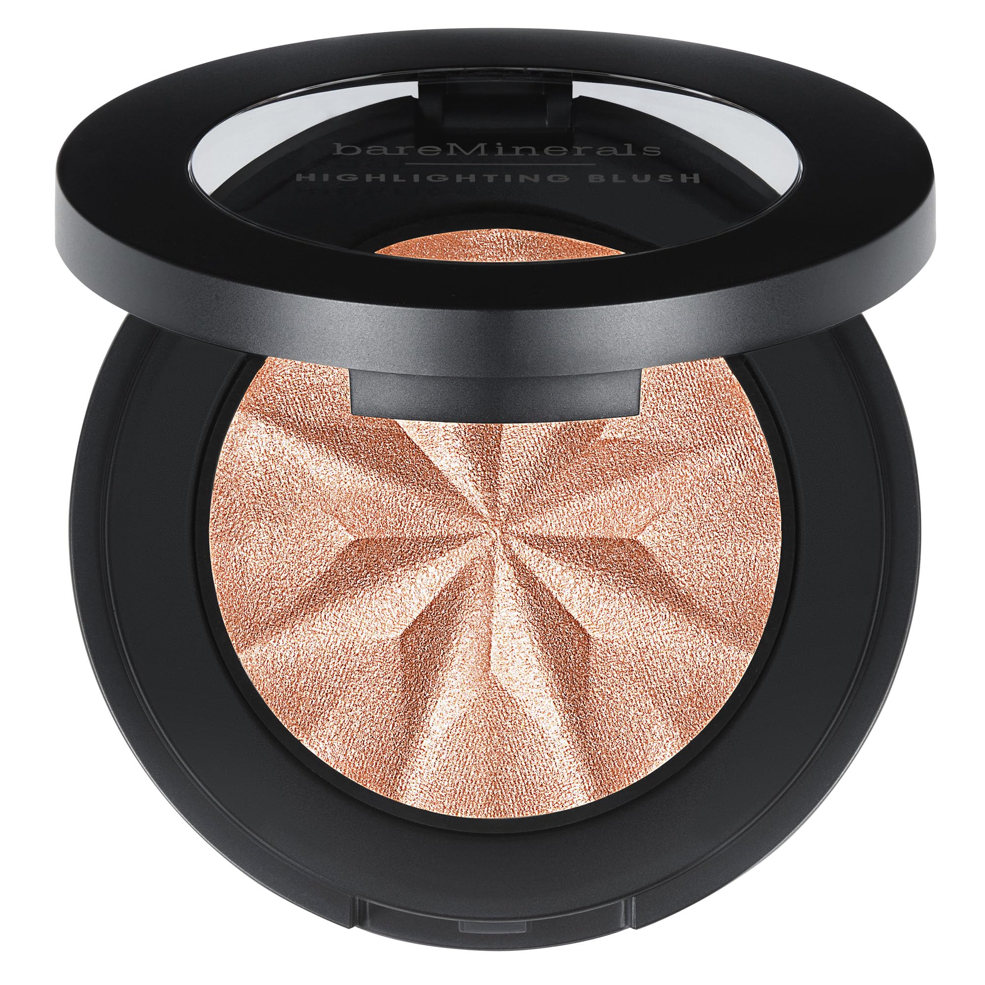 bareMinerals Gen Nude Highlighting Blush Peach Glow, empaque compacto para retoques diarios.