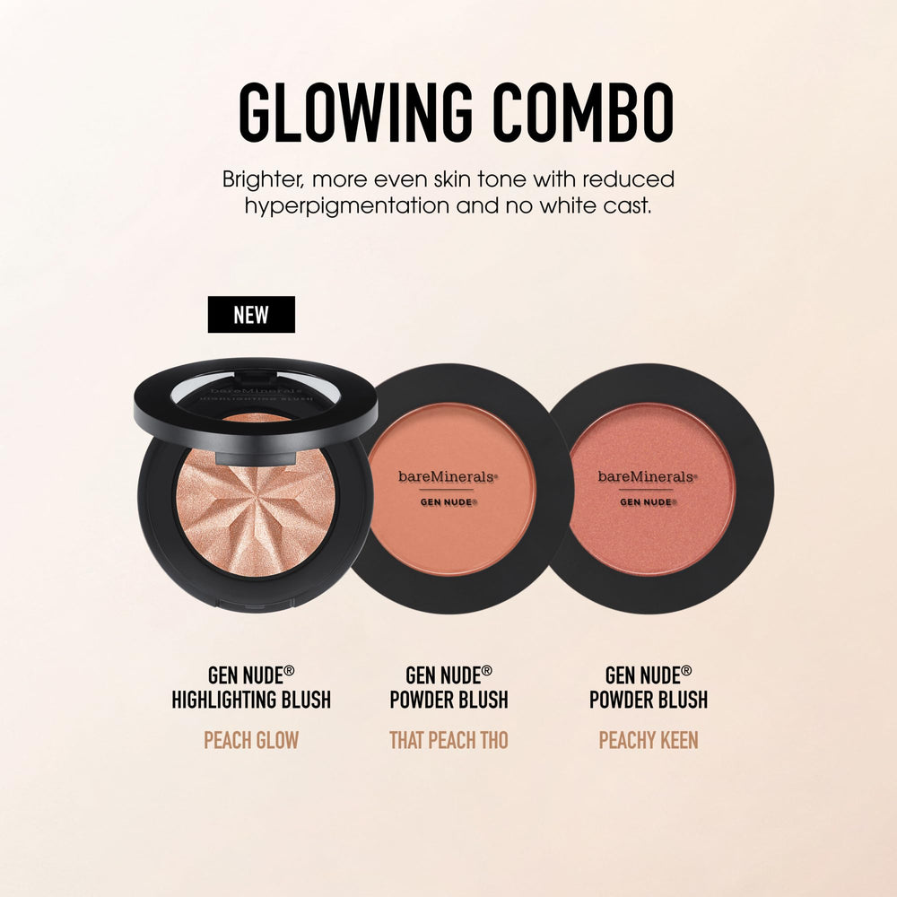 bareMinerals Gen Nude Highlighting Blush Peach Glow, microsferas minerales difuminan poros para piel lisa.