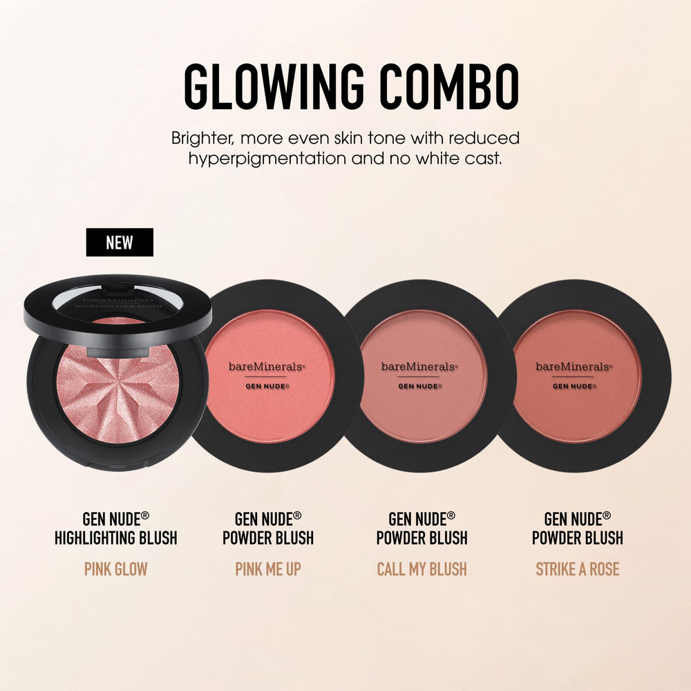 bareMinerals Gen Nude Highlighting Blush Pink Glow demonstrates lifted cheek glow with inner blend.
