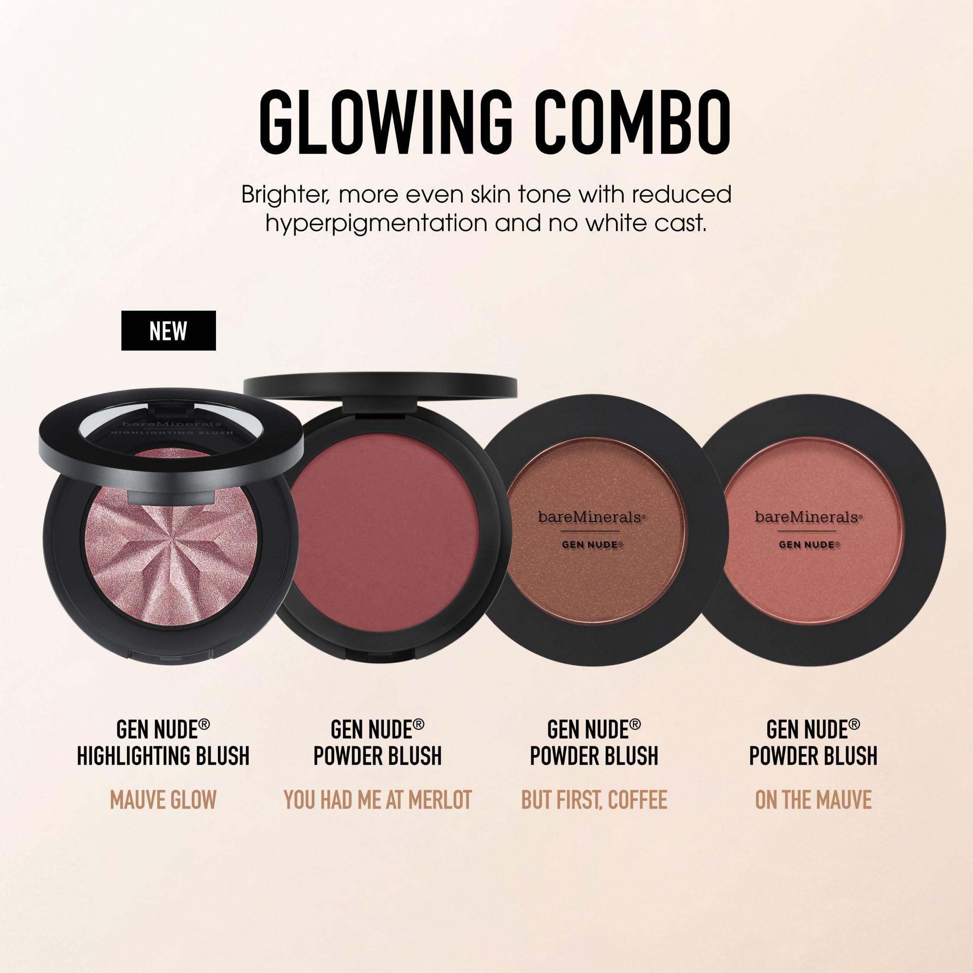 bareMinerals Gen Nude Highlighting Blush Mauve Glow lid application suggests sheer color wash