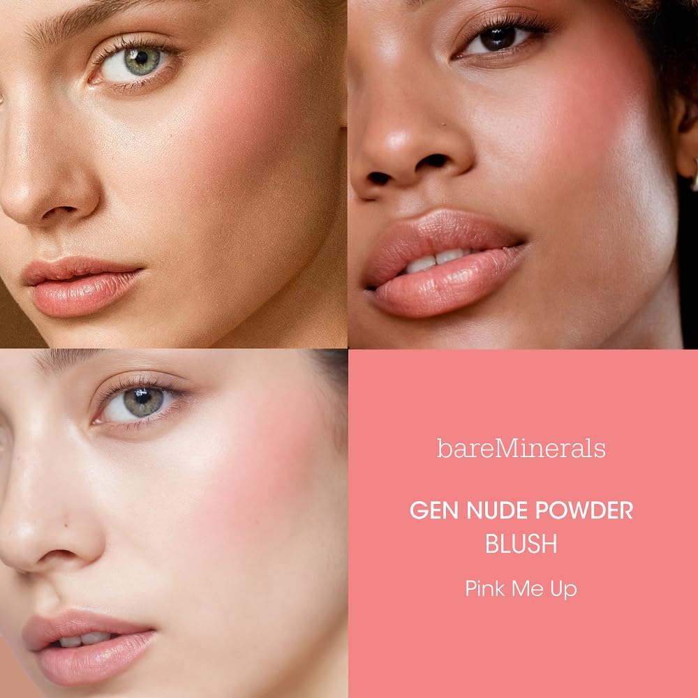 bareMinerals Gen Nude Powder Blush Pink Me Up swirl application creates a seamless, diffused blush edge.