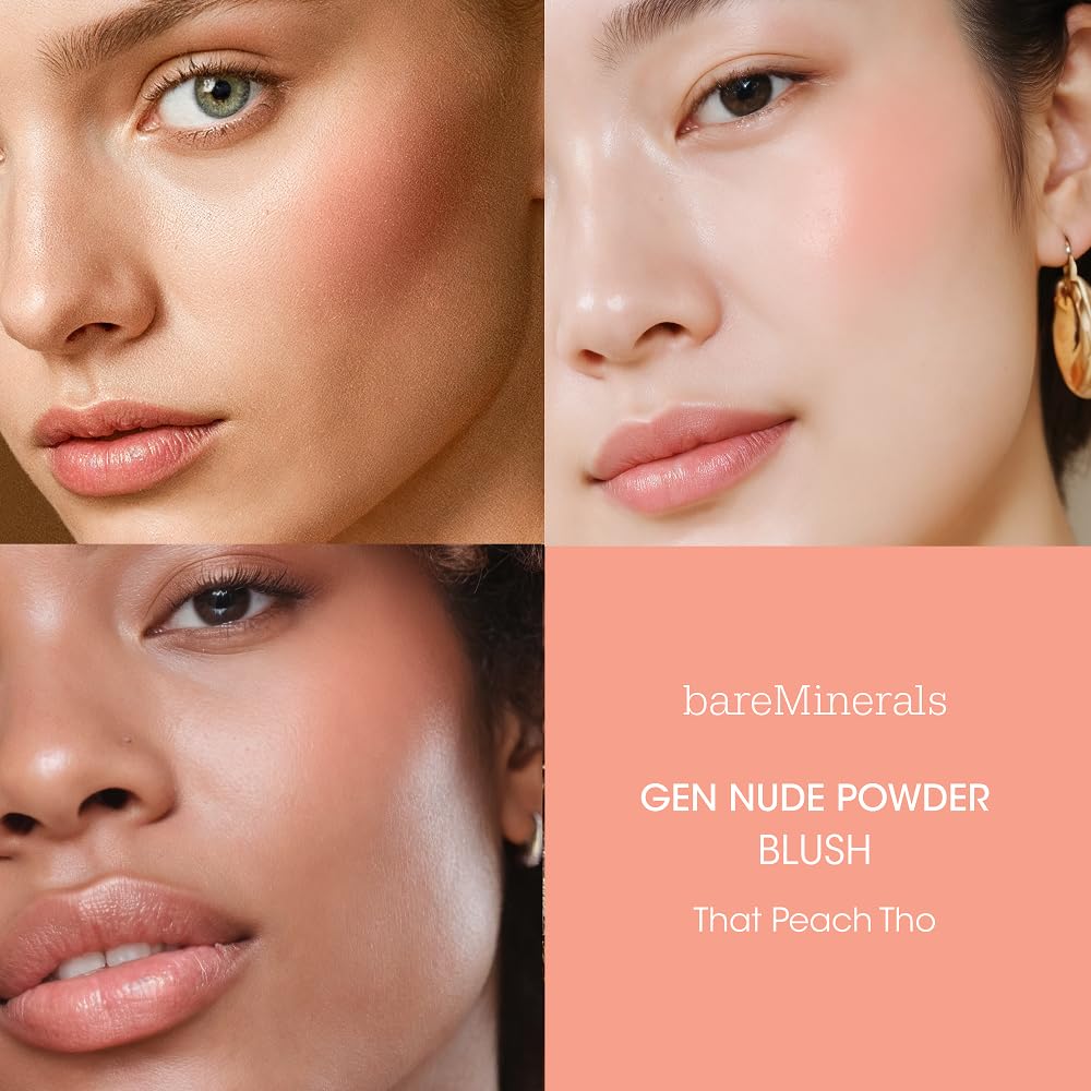 bareMinerals Gen Nude Powder Blush That Peach Tho packaging highlights a talc-free formula