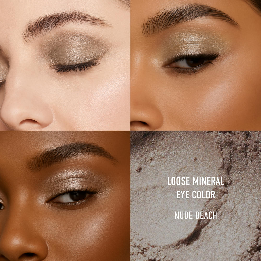 bareMinerals loose eyeshadow Nude Beach cap view highlighting compact preservative-free formula
