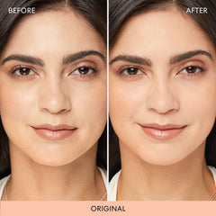 bareMinerals Mineral Veil oil-absorption closeup demonstrates shine-control in real-life warm lighting.