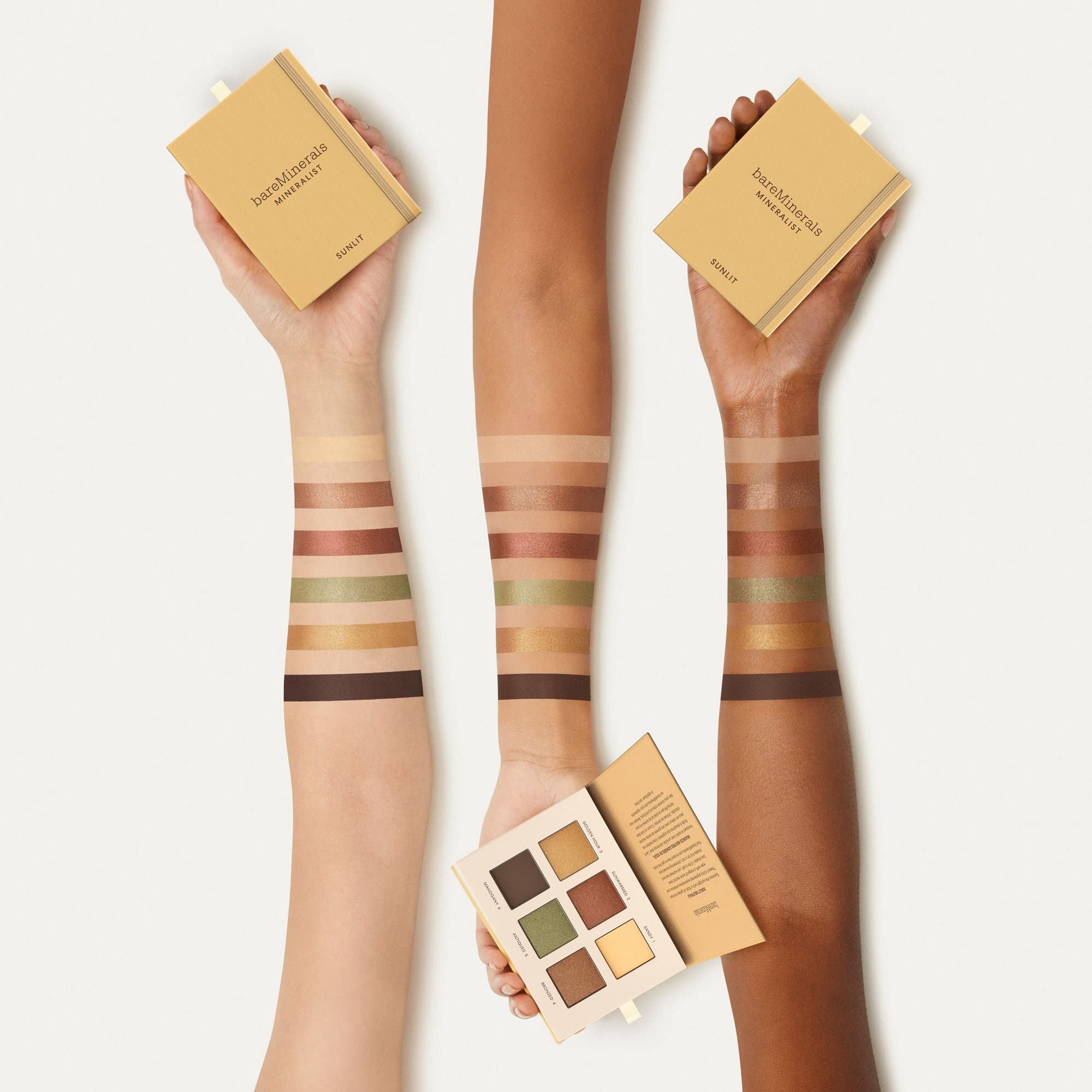 bareMinerals Mineralist Eyeshadow Sunlit swatches demonstrate rich, blendable shades for seamless eye makeup.