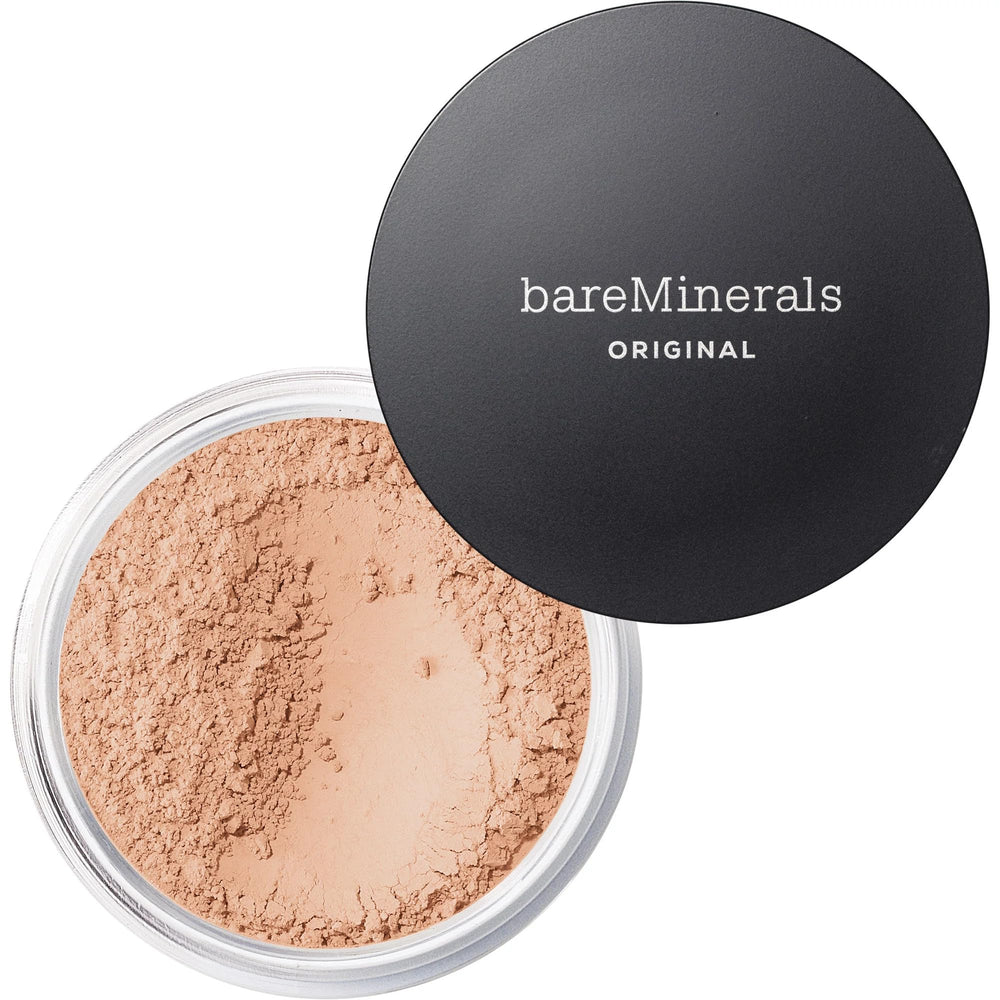 bareMinerals Original Loose Powder Foundation SPF 15 Medium 10 packaging highlights clean vegan formula for everyday wear