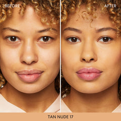 bareMinerals Original loose powder foundation Tan Nude 17 texture close-up highlights creamy-feel with powder-light finish.