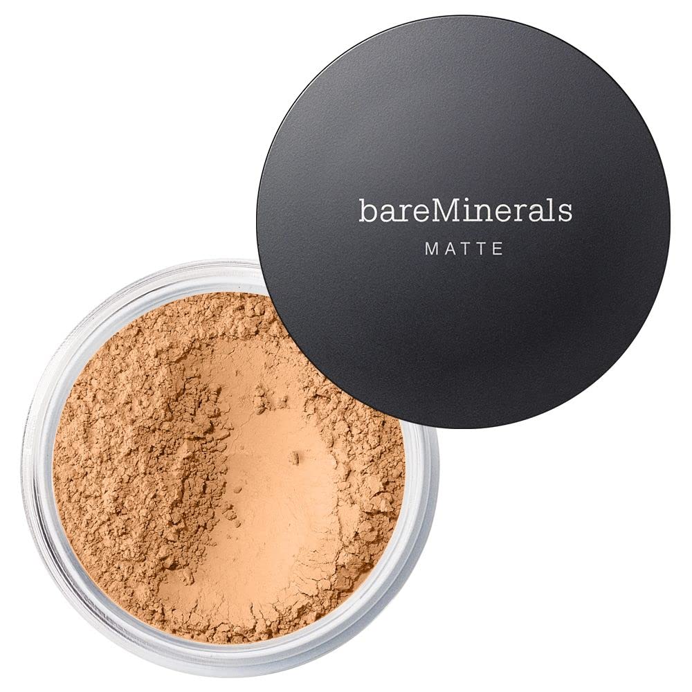 bareMinerals Original Matte Loose Foundation packaging highlights talc-free vegan formula for clean makeup.