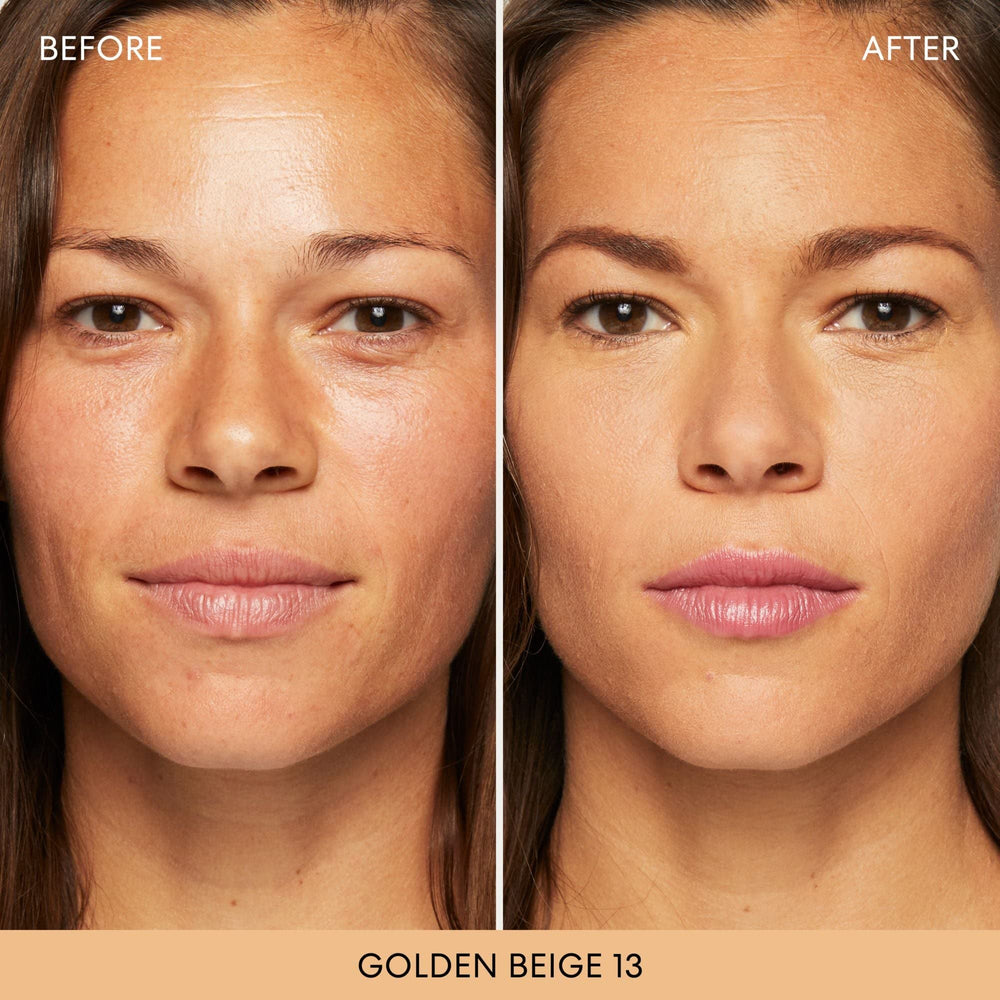 bareMinerals Original Matte Loose Foundation Golden Beige swatch shows sheer-to-full coverage.