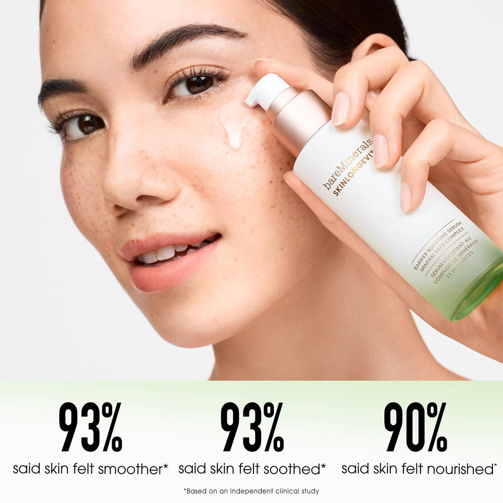 bareMinerals Skinlongevity Niacinamide serum bottle highlights hydration and visible-skin improvement possibilities.