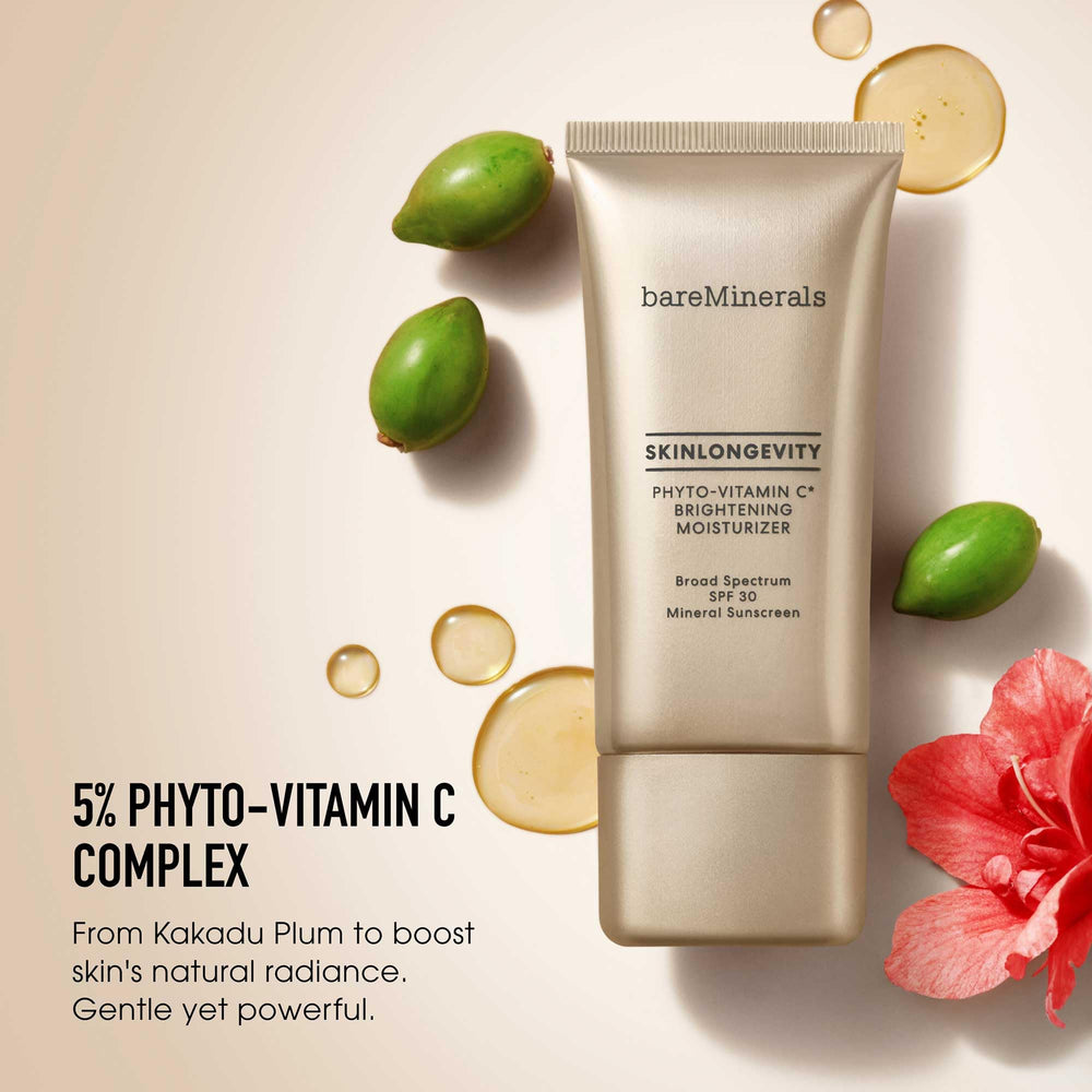 bareMinerals Skinlongevity Phyto-Vitamin C neck cream focus emphasizes face-to-neck care.
