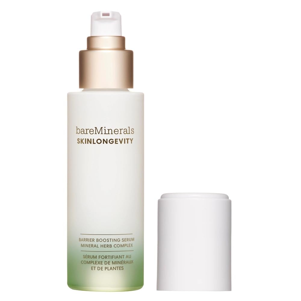 bareMinerals Skinlongevity serum bottle shows silky hydration for refreshed skin.