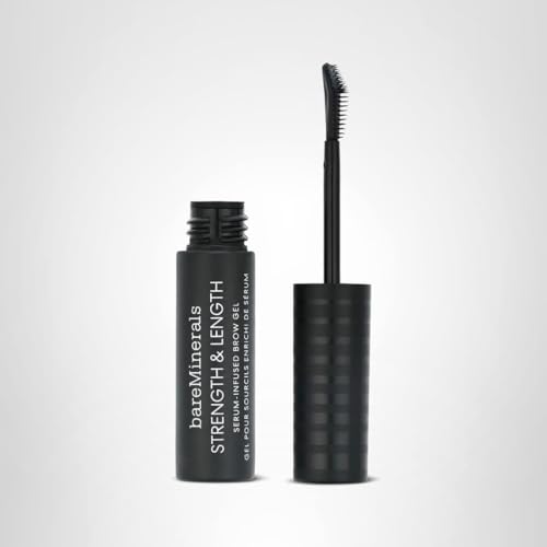 bareMinerals Strength & Length Brow Gel packaging highlighting plant-based serum ingredients.
