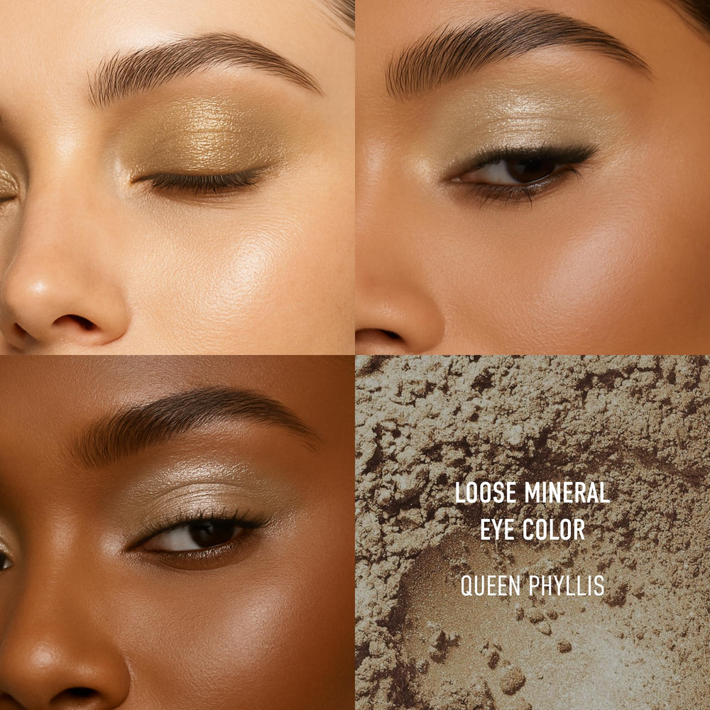 bareMinerals Queen Phyllis swatch demonstrates buildable color from soft to metallic.