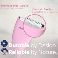 BAREWIZE bikini trimmer rose blade closeup emphasizing ceramic blade for smooth passes