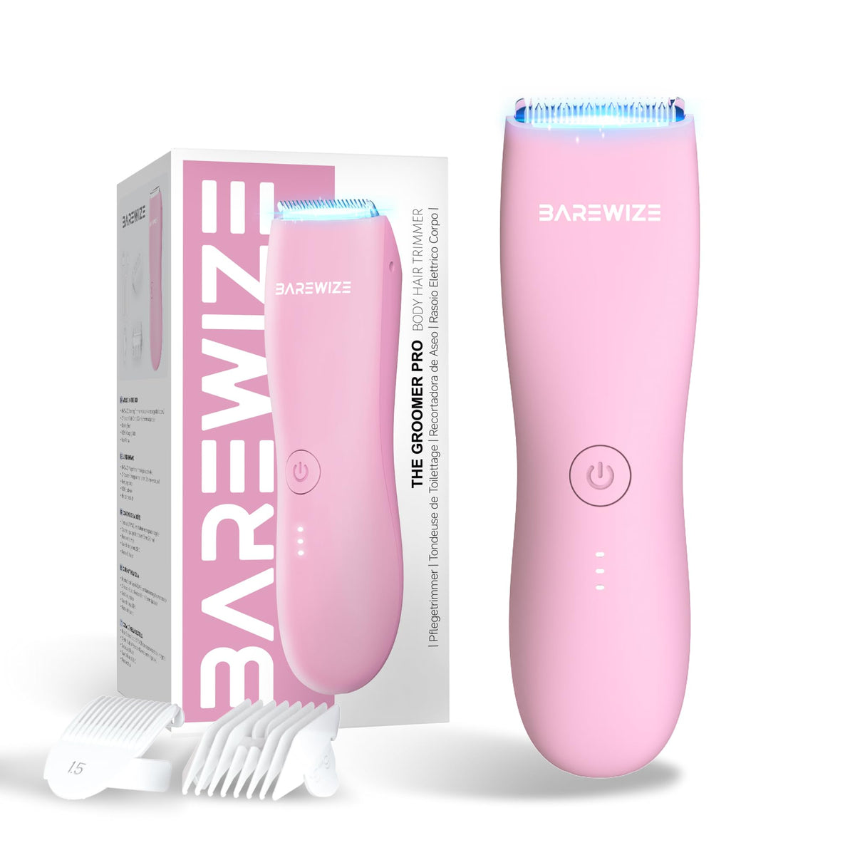 BAREWIZE bikini trimmer rose front view for precise bikini-line grooming with LED-lit visibility