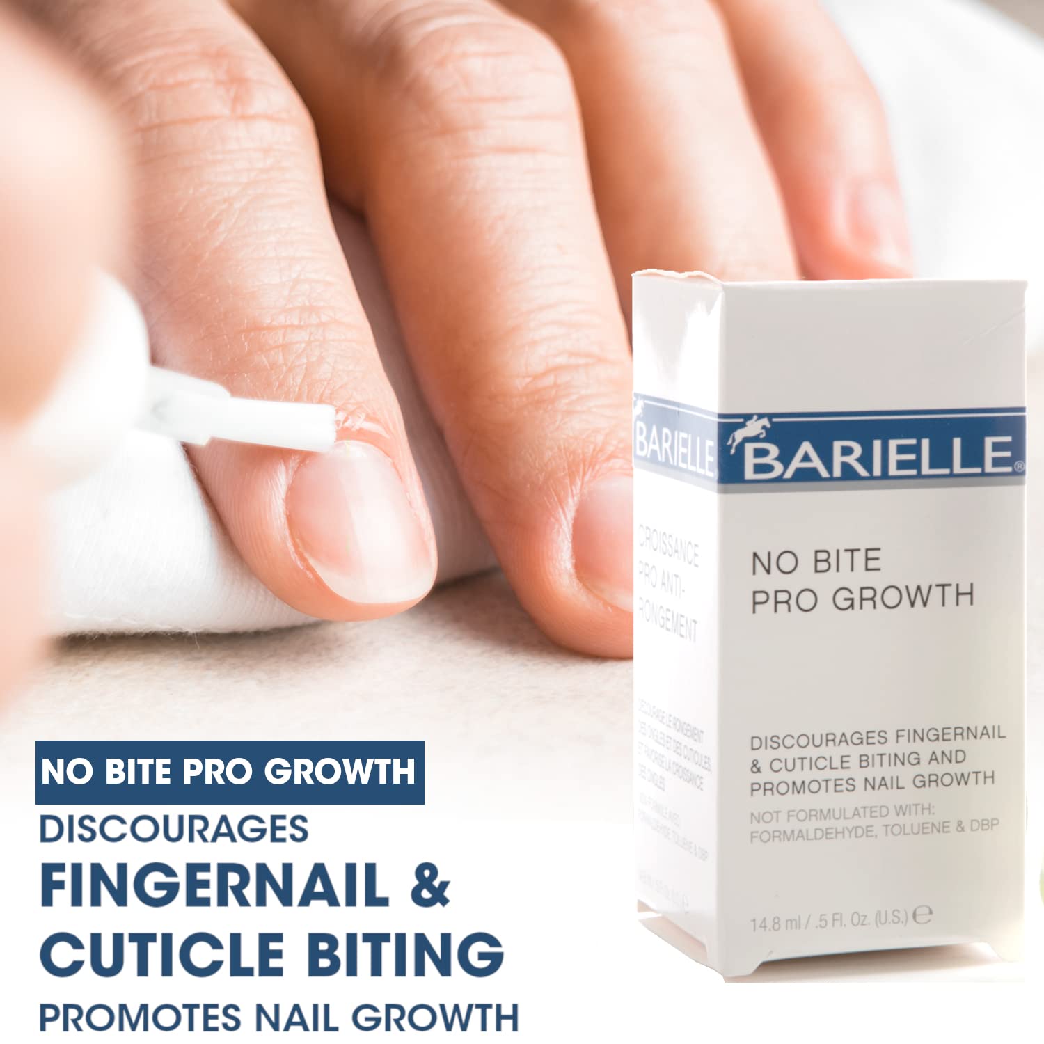 Barielle No Bite Pro Growth label close-up noting nitrocellulose-free formula.