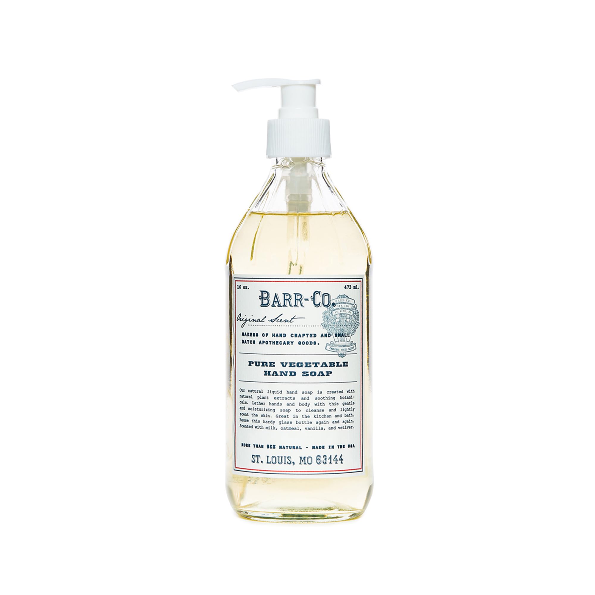 BARR-CO hand soap bottle label highlights natural ingredients and craftsmanship for daily cleansing.