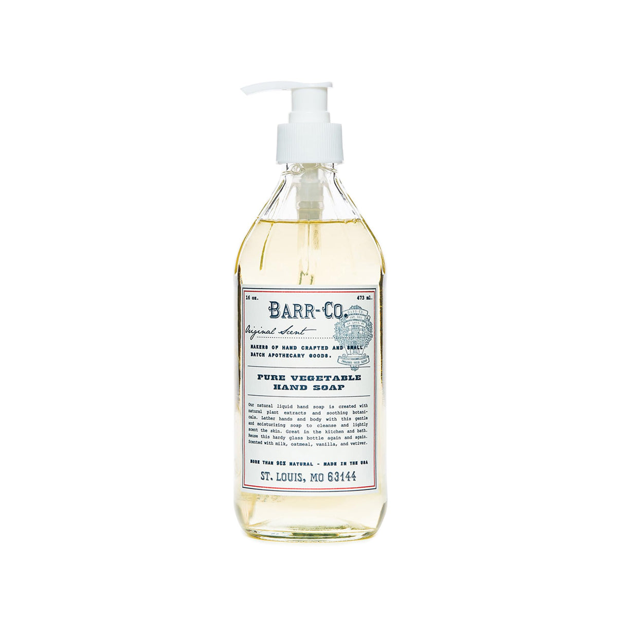 BARR-CO hand soap bottle label highlights natural ingredients and craftsmanship for daily cleansing.