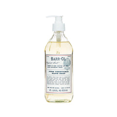 BARR-CO hand soap bottle label highlights natural ingredients and craftsmanship for daily cleansing.