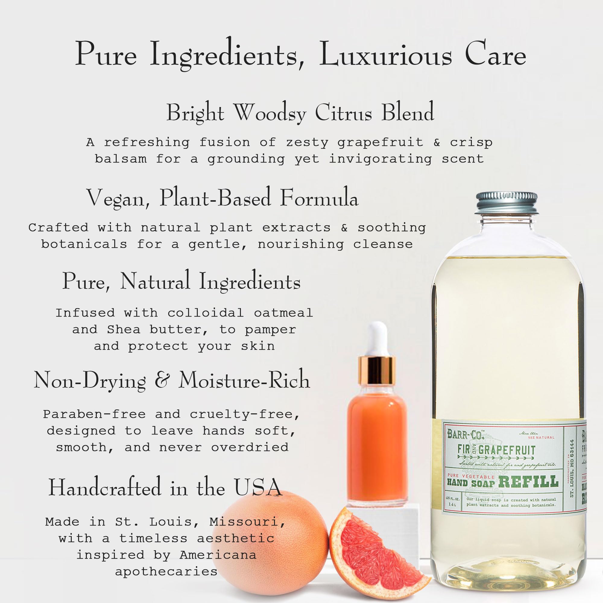 BARR-CO hand soap refill bottle close-up highlights vegan, plant-based cleansing