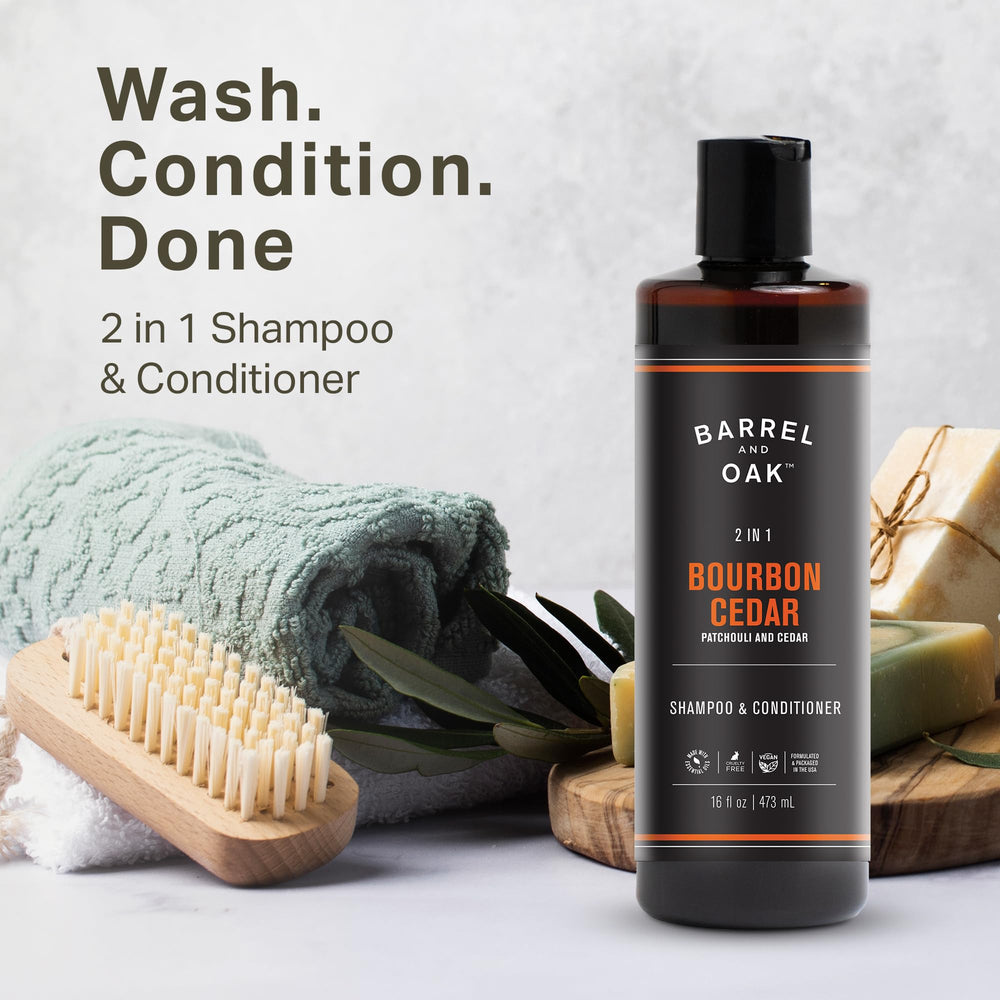 Barrel & Oak 2-in-1 shampoo-conditioner foamy lather illustrates simplified grooming.