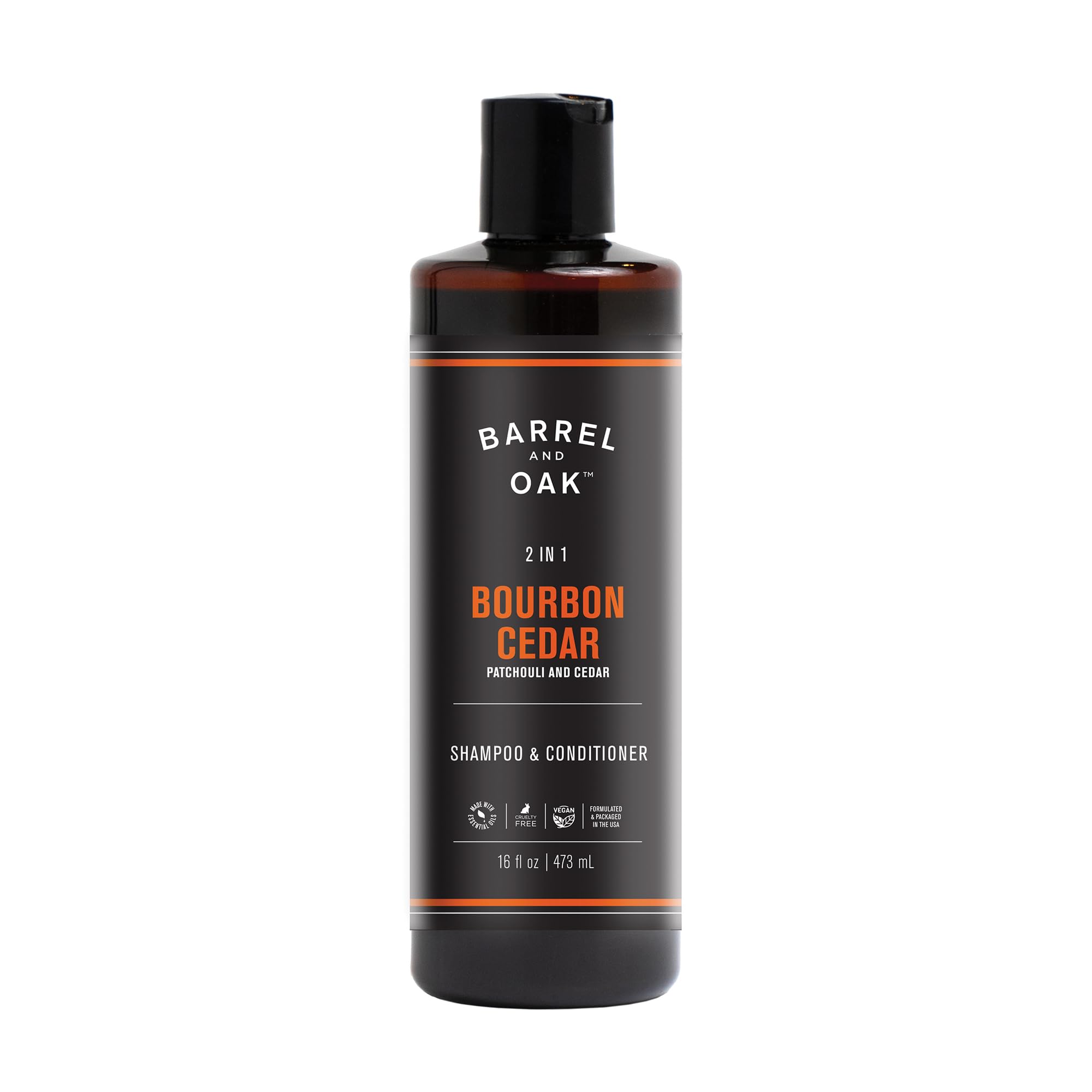 Barrel & Oak bourbon-cedar shampoo bottle ready for daily cleansing and scent.