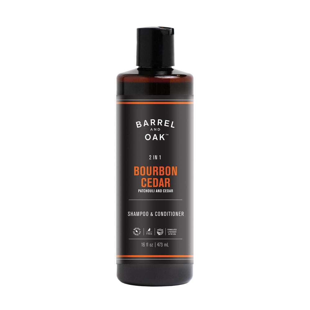 Barrel & Oak bourbon-cedar shampoo bottle ready for daily cleansing and scent.