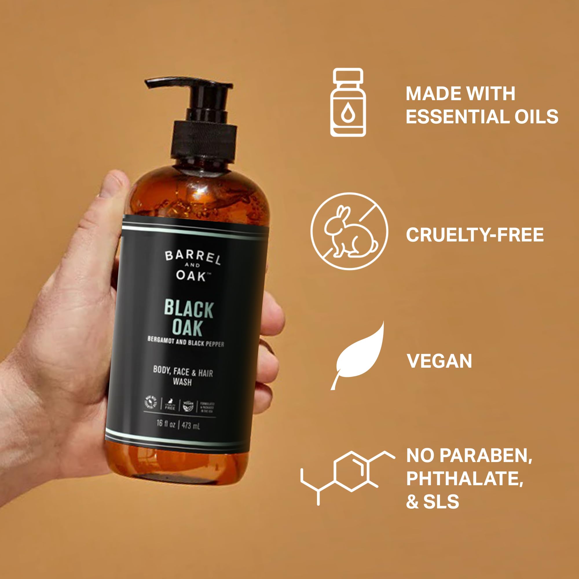 Barrel & Oak all-in-one wash cleanses face with birch and vitamin B5.
