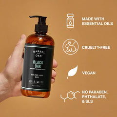 Barrel & Oak all-in-one wash cleanses face with birch and vitamin B5.