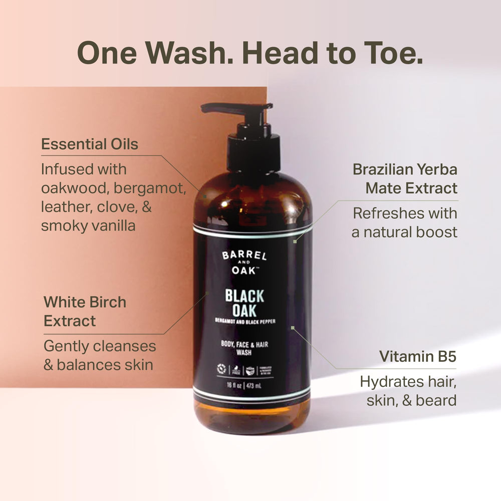 Barrel & Oak all-in-one wash provides hair and beard hydration after shower.
