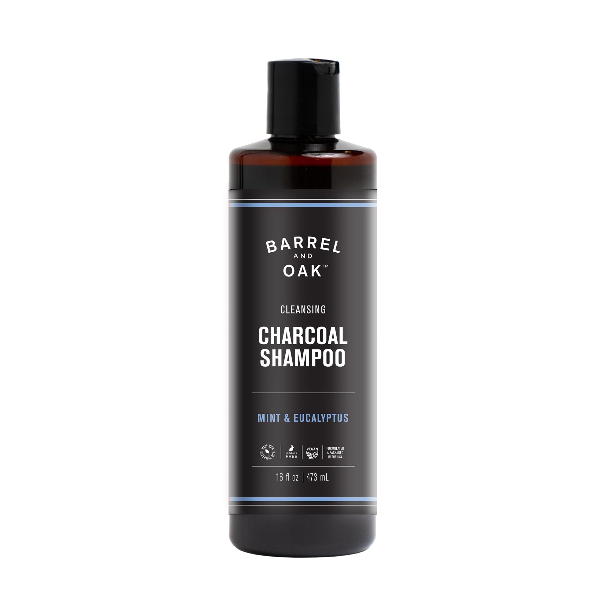 Barrel & Oak mint eucalyptus charcoal shampoo bottle offers a refreshing cleanser for daily grooming.