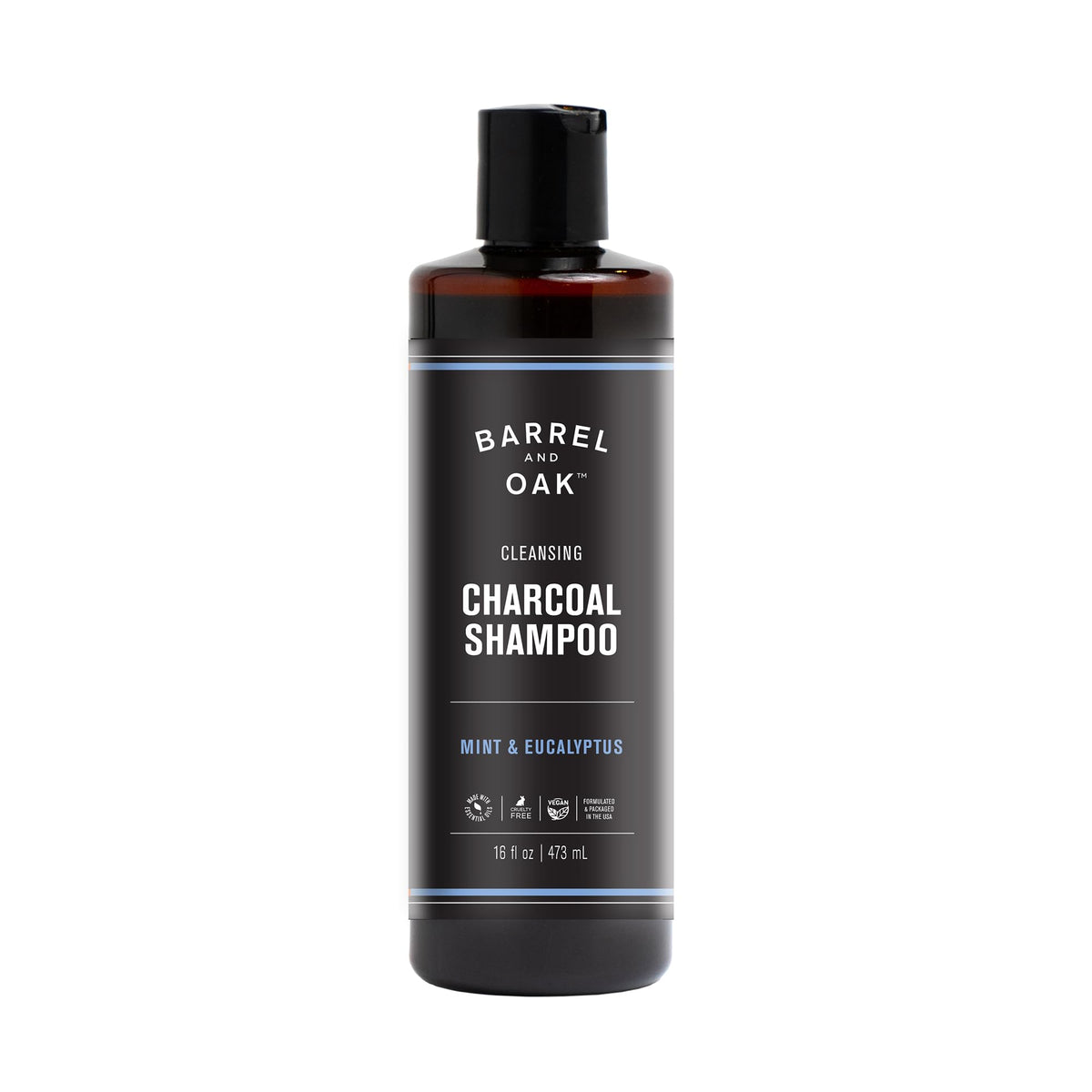 Barrel & Oak mint eucalyptus charcoal shampoo bottle offers a refreshing cleanser for daily grooming.
