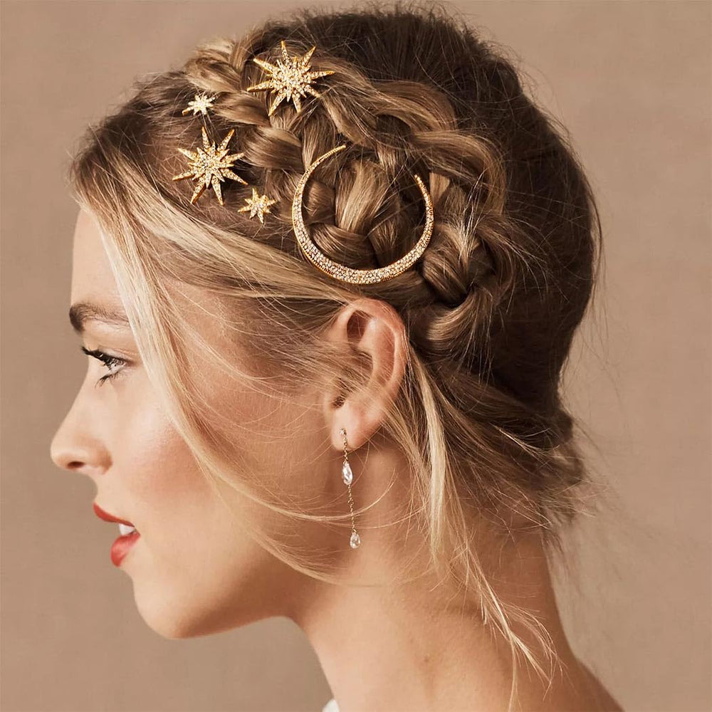 BARTOSI Moon Star hair clip in gold close-up shows sparkling crystals for festive styling.